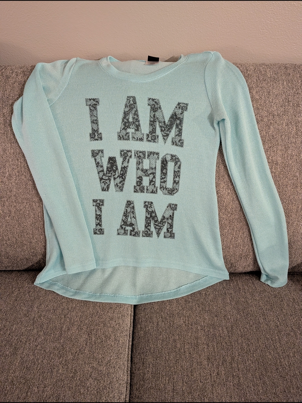 Stranded Light Aqua Long Sleeve Graphic Top - "I AM WHO I AM"